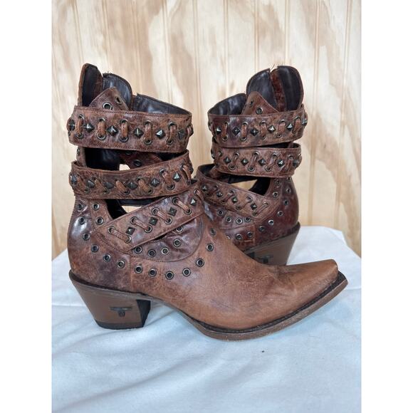 Lane Studded Leather Ankle Boots 9.5 Brown Western Cowgirl Strappy Booties - Picture 4 of 8